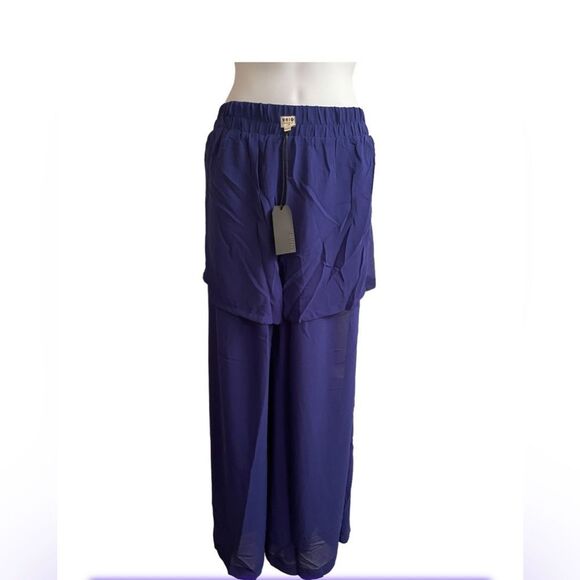 UNIQ New Women's Blue Sheer Pants with Built in Shorts Extra Wide Leg Elastic - Picture 4 of 6